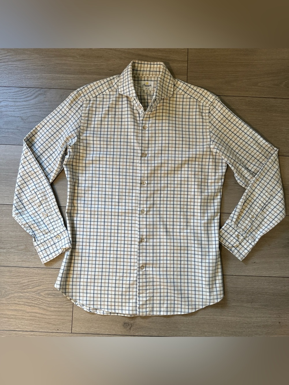 GIANNETTO PORTOFINI Men’s Size M Plaid Flannel Button Up Shirt Ivory Blue Tan